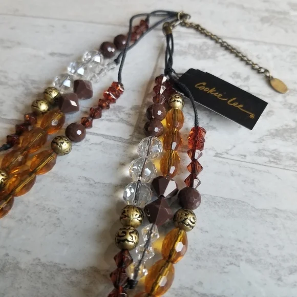Cookie Lee glass bead necklace brown orange gold NWT - Picture 4 of 11